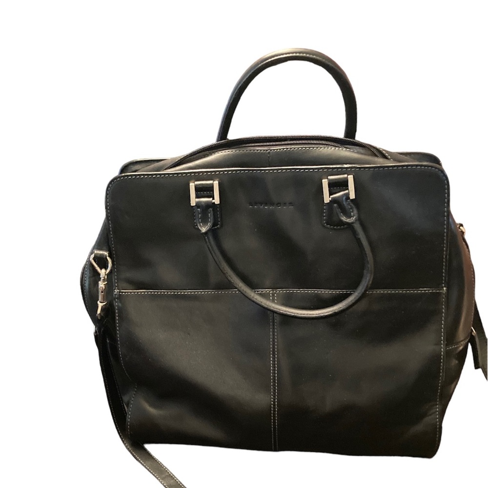 Levenger black leather briefcase with silver tone hardware, shoulder strap